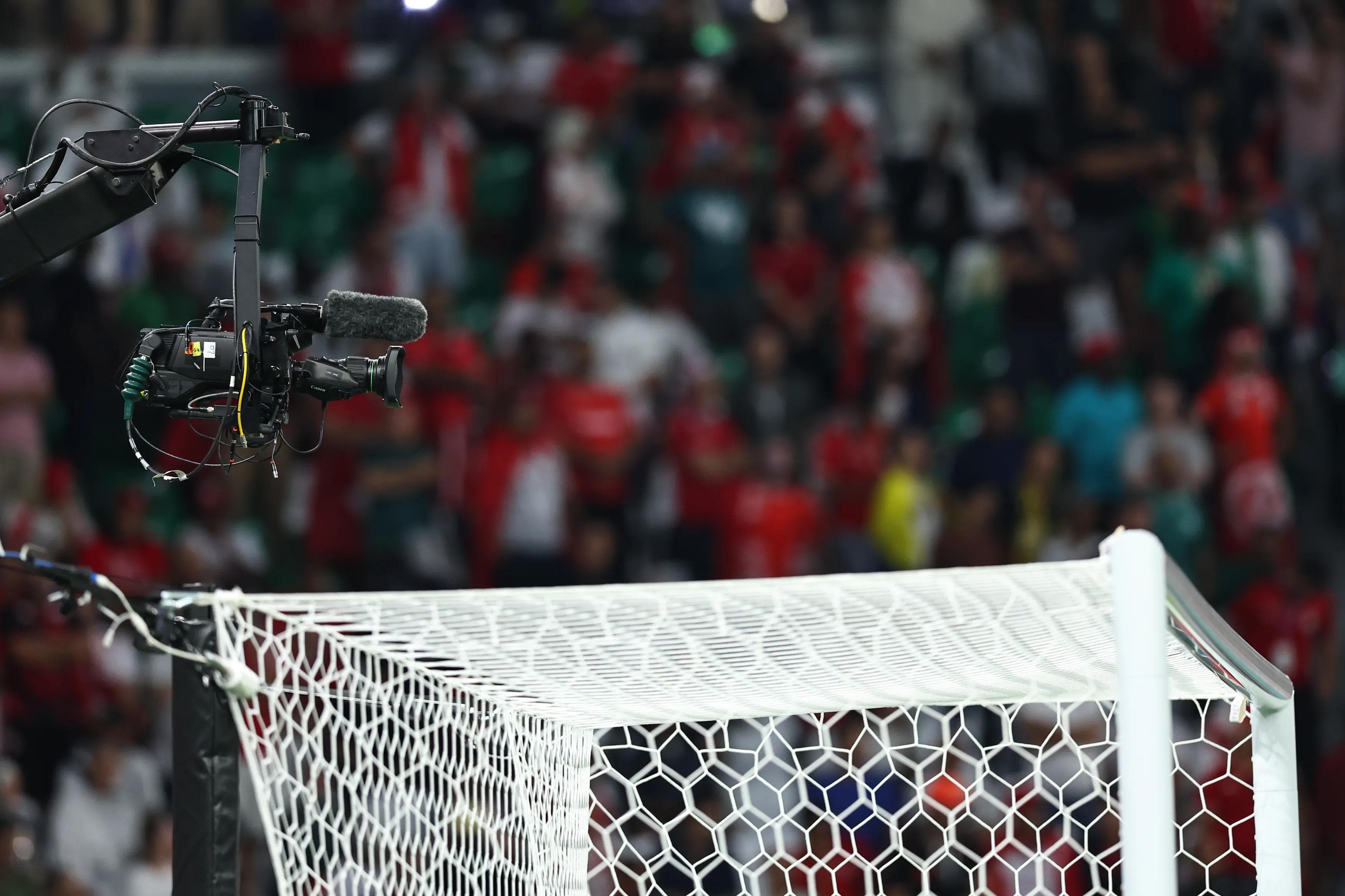 Broadcast camera above a football goal